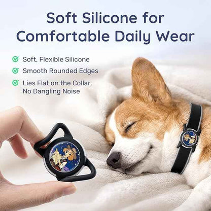 Dog AirTag Holder for Dog Collar, Soft Silicone Slide-On Case for Apple AirTag, No-Dangle Quiet Protective Holder with Eye-Catching Pet Character Designs, Black-Trail Guide