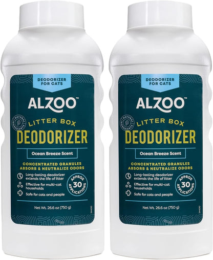 ALZOO Cat Litter Deodorizer, Concentrated Granules Absorb & Help Neutralize Odors, Mineral-Based Active Ingredients, Up To 30 Uses, Ocean Breeze Scent, 26.6 Oz., Pack of 2