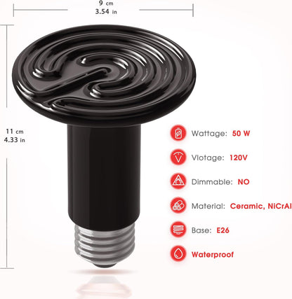 Ceramic Heat Emitter for Reptiles, 50W Heat Lamp Bulb, Ceramic Reptile Heat Bulb Black, No Light Emitting Heat Lamp for Amphibian Pet, Heat Bulb for Bearded Dragon Turtle Snake Lizard, 2 Pack