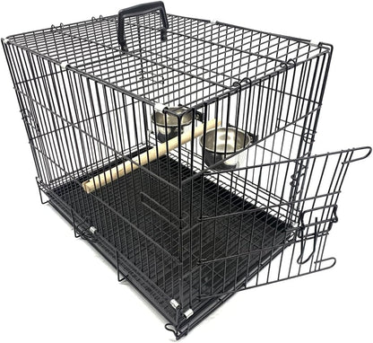 Durable Easy Portable Collapsible Metal Travel or Veterinary Collapsable Parrot Bird Carrier Beaks-Proof Easy Clean Carrier Cage with Stainless Steel Feeder Bowls Natural Wooden Perch