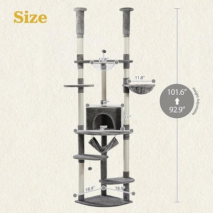PETEPELA Floor to Ceiling Cat Tree, 92.9''-101.6''Height Adjustable Cat Tower Tall Cat Climbing Play House, Cozy Condo, Scratching Post and Spacious Hammock for Indoor Cats Large Adult, Gray