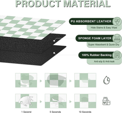 Pet Feeding Mat, 16"x 24" Absorbent Dog Food Mat, Checkered Cat Bowl Mats, Easy to Clean Pet Placemats, Quick Dry Dog Water Dispenser Mats for Messy Drinkers, Green & White