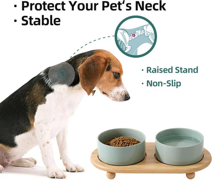 Ceramic Elevated Dog Bowls, Food and Water Bowls for Dogs, Puppy, Raised Dog Dish, Pet Feeder(6inch, 2 x Light Green + Stand)
