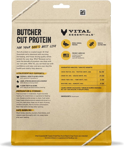 Vital Essentials Duck Hearts Dog Treats, 10 oz | Freeze-Dried Raw | Single Ingredient | Premium Quality High Protein Training Treats | Grain Free, Gluten Free, Filler Free