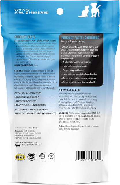Om Mushroom Matrix Pet - Canine | Maximum Recovery | USA Grown Human-Grade Organic Mushroom Powder Pet Supplement | Optimal Health & Senior Care for Dogs & Cats | 100 Grams, 3.5 oz