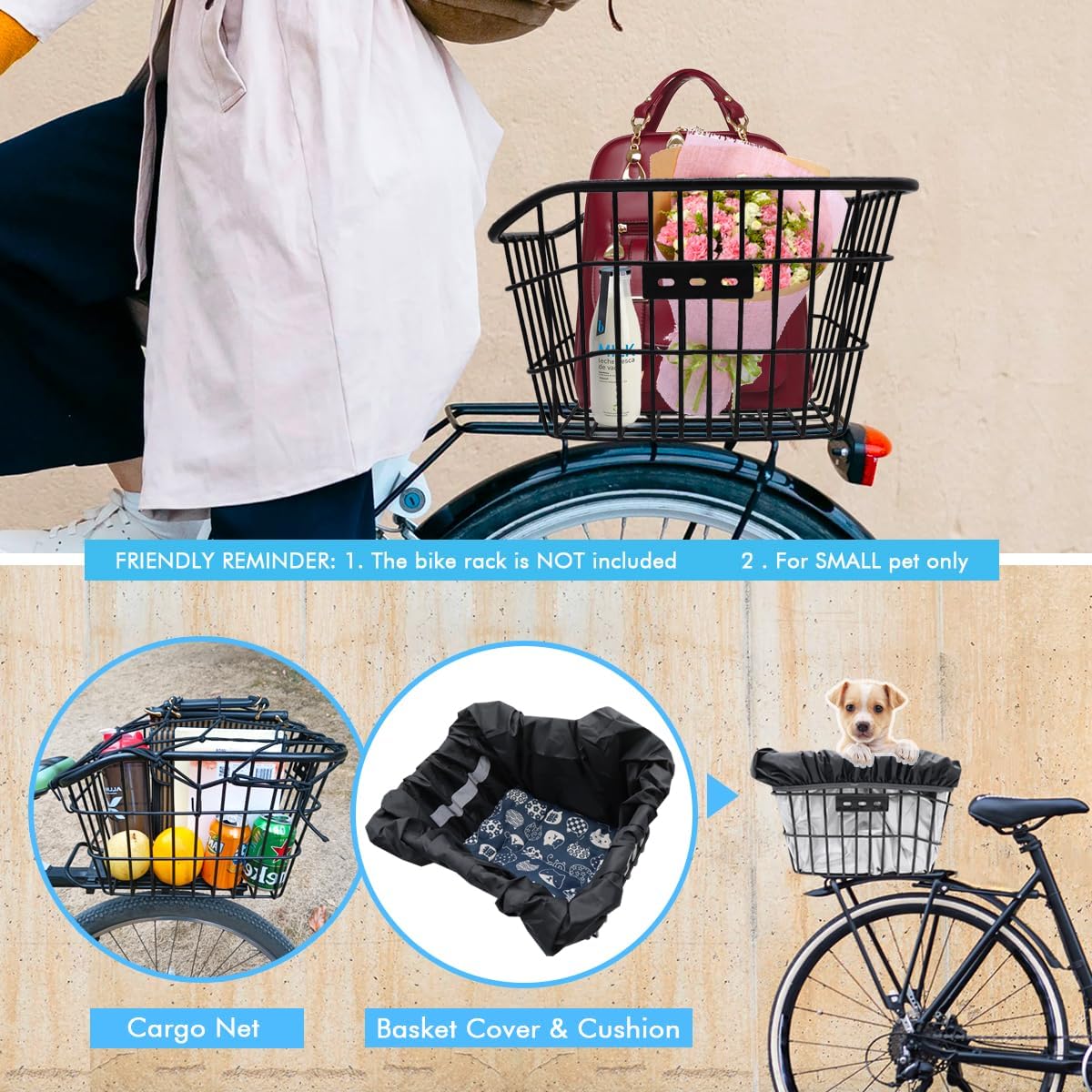 Rear Bike Basket, Tool-Free Install, Dog/Pet Carrier, Ebike Electric Bicycle Back Cargo Basket, Fits Most Rear Racks, with Waterproof Cover, Cargo Net - Pawvie