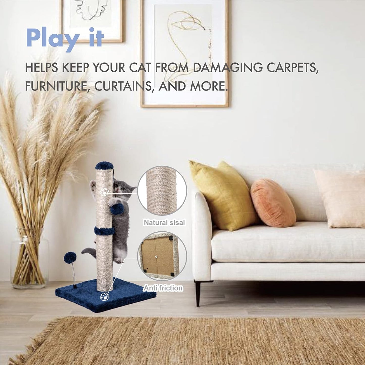 MECOOL Cat Scratching Post Premium Basics Kitten Scratcher Sisal Scratch Posts with Hanging Ball 22 in for Kittens or Smaller Cats, Navy