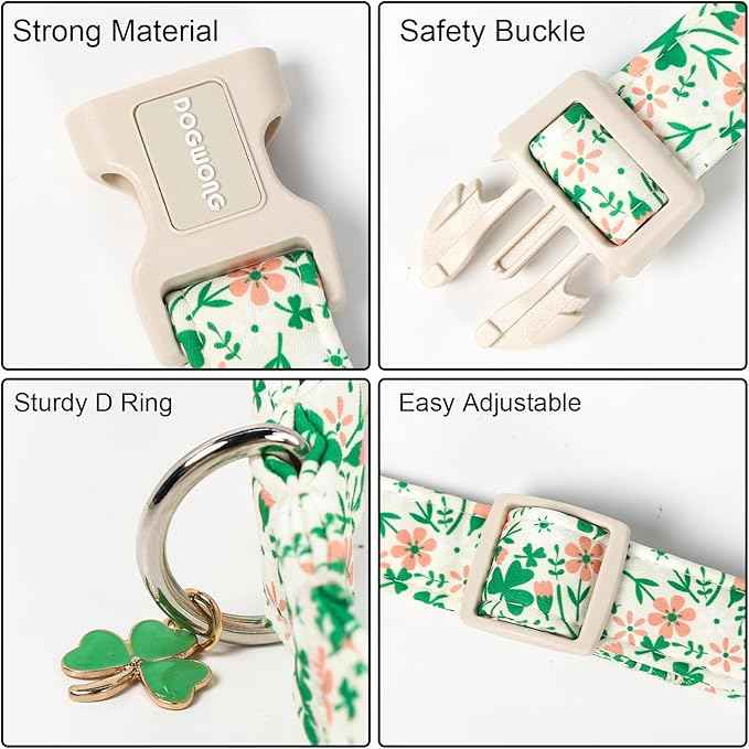 DOGWONG St Patrick's Dog Collar, Green Clover Pet Collar Cotton Flower Shamrock Pet Collar Cute Puppy Collar Adjustable Pet Dog Collars for Medium Dogs,M