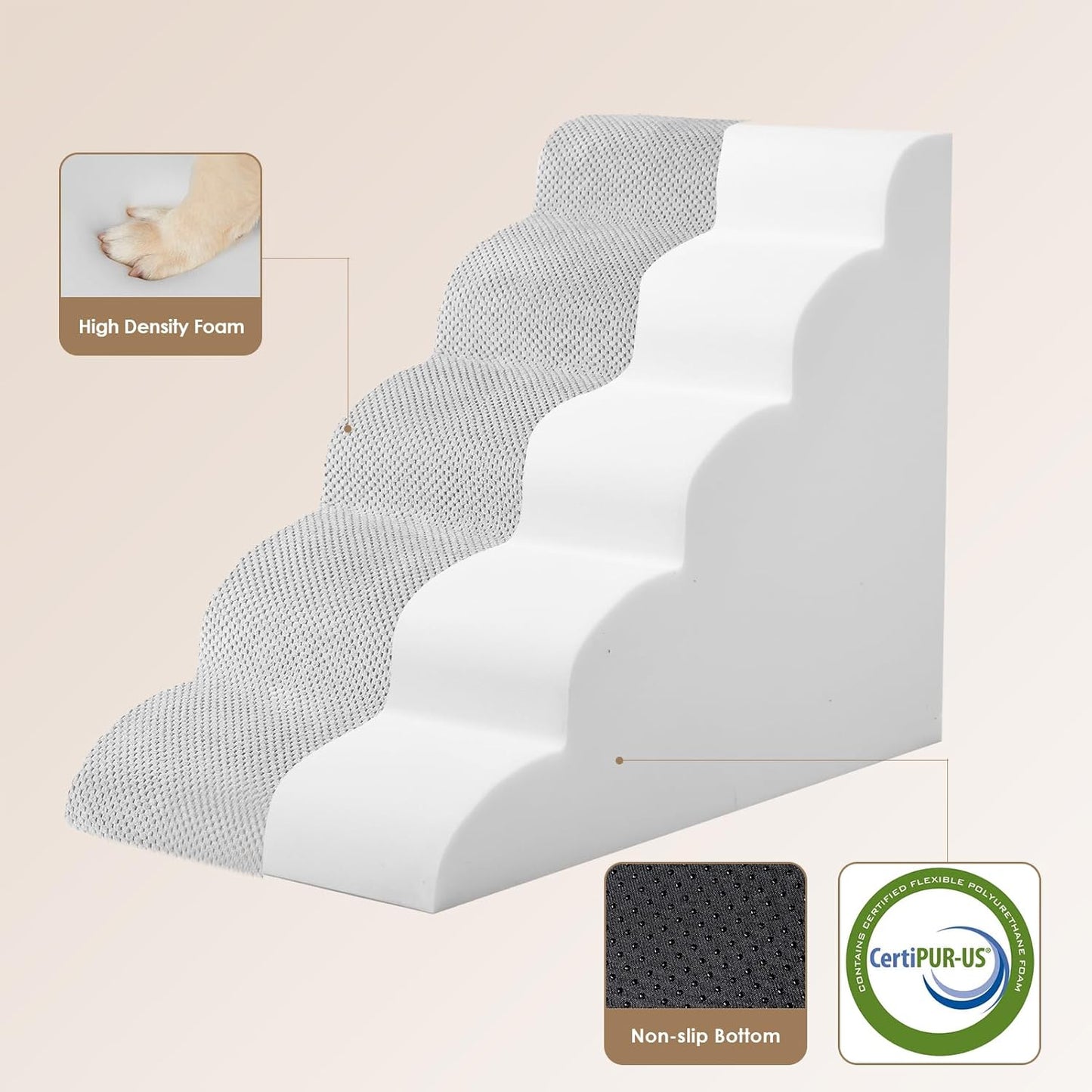 EHEYCIGA Curved Dog Stairs Ramp for High Beds 22.6" H, 5-Step Dog Steps for Small Dogs and Cats, Pet Stairs for High Bed Climbing, Non-Slip Balanced Pet Step Indoor, Light Grey