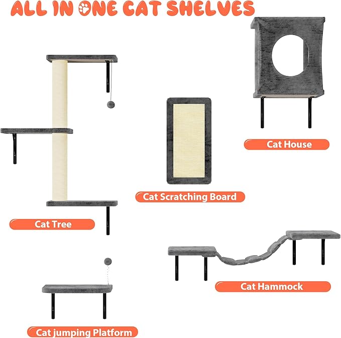 NUNU LAB Cat Wall Shelves, 5Pc Wall Mounted Cat Climber, Floating Perch, Bridge,Tree, House, Modern Indoor Furniture for Kitten - Gray