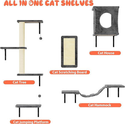 NUNU LAB Wall Mounted Cat Wall Shelves, 10-in-1 Cat Wall Climber with Kitten House, Bridge, Steps, Scratcher, Indoor Space-Saving Furniture for Kittens Play, Gray
