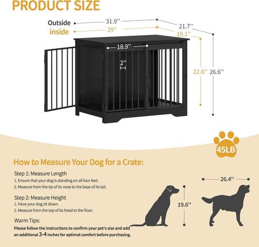 31.9" Dog Crate Furniture with Barn Door, Heavy Duty Dog Kennel Indoor with 2 Doors, Wooden Pet Cage End Table for Small Medium Dogs up to 44 lb, Anti-Chew Anti-Escape, Black DFC83604B
