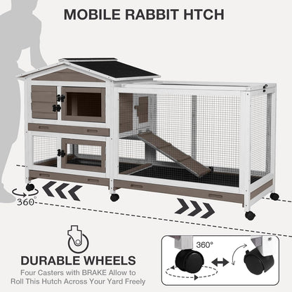 2-Story Indoor Rabbit Hutch with Chew-Proof Outdoor Rabbit Cage with 6 Locking Casters Bunny Cage 2 Pull-Out Trays Guinea Pigs Cage 62" Brown