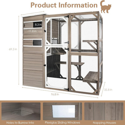 Catio Outdoor Cat Enclosure, Large Cat House Cat Cage Condo Indoor Playpen Kitty Shelter with Multi-Level Platforms, Waterproof Roof, Pull-Out Tray, and 2 Resting Boxes