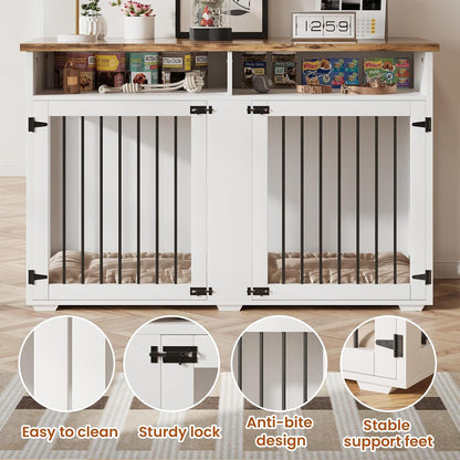 Dog Crate Furniture for 2 Dogs, 55 Inch Dog Crate Indoor with Removable Divider and Shelf Storage, Wooden Dog Crates for Medium/Large Dogs, White
