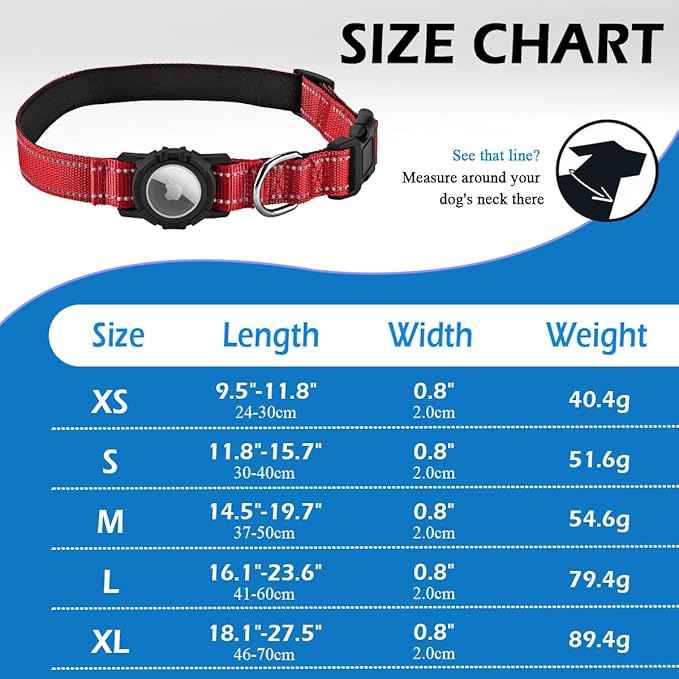 Airtag Dog Collar with Waterproof Air Tag Holder, Integrated Reflective Pet Collar with Soft Padding, Adjustable Nylon Collar for Small Medium Large Dogs, Red, S (11.8"-15.7")