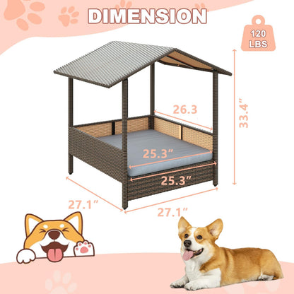 LEMBERI Outdoor Rattan Dog House with Canopy, Indoor Dog Bed for Small/Medium Dogs with Removable Cushion, Washable Cover, Dog Shelter for Patio, Deck, Yard, Pool, Brown