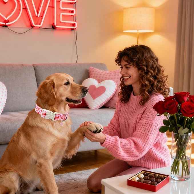 DOGWONG Valentine's Dog Collar - Pink Heart Adjustable Cotton Heart Dog Collar - Cute Dog Collars Perfect for Small Dogs