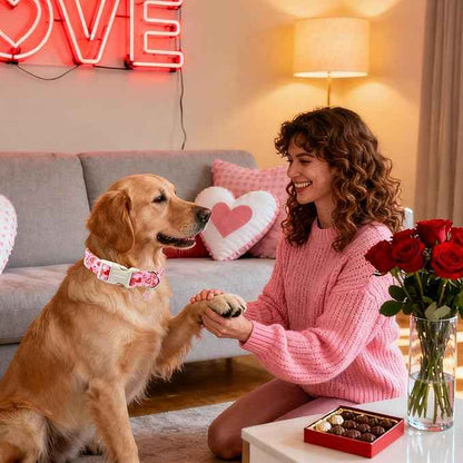 DOGWONG Valentine's Dog Collar - Pink Heart Adjustable Cotton Heart Dog Collar - Cute Dog Collars Perfect for Small Dogs