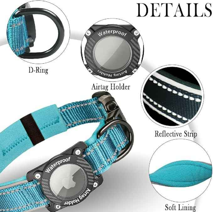 Upgraded AirTag Dog Collar, IP68 Waterproof Dog Collar with Apple Air Tag Holder, Reflective Adjustable Heavy Duty Dog Collars with Soft Padded for Small, Medium and Large Dogs,Blue, S