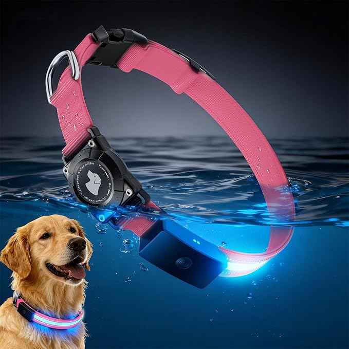 LED AirTag Dog Collar - Brightest Light Up Dog Collars - IP68 Waterproof Air Tag Dog Collar Holder - 1,600 Feet of High Visibility - Magnetic Charging - Dog Lights for Night Walking, Pink M