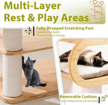 76.8'' Modern Cat Tree, Tall Cat Tower for Indoor Cats, Pine Wood Climb Tower with 2 Removable Mats, Heavy Duty Cat Furniture with Fully Wrapped Scratching Post, Huge Cat Condo for Multi-Cat Families