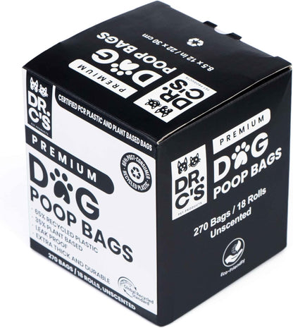 Certified 65% PCR (Post Consumer Recycled) Plastic and 35% Plant Based Dog Poop Bags - Dr. C's Premium Dog Poop Bags - 270 Bags / 18 Rolls, Extra thick, Leak Proof, Unscented, Earth Friendly