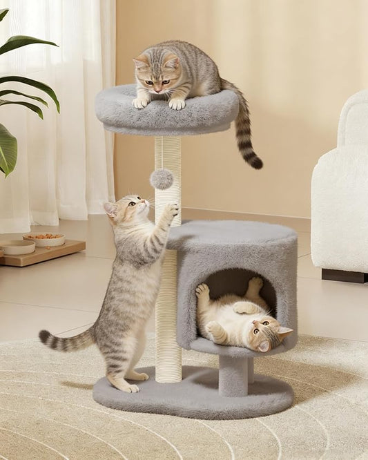 Cat Tree, 34.3 Inches Cat Tower with Scratching Post, Condo, Interactive Hanging Ball, Plush Perch for Indoor Large Cats, Gray
