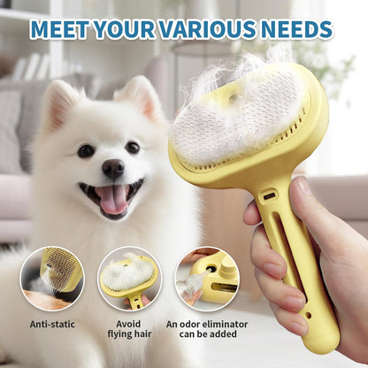 3 In 1 Self-Cleaning Steamy Brush for Pet Grooming - Anti-Static Flying Hair Spray, Removes Loose Hair and Reduces Shedding for Long and Short Fur, Yellow