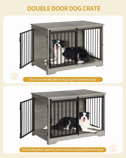39.4" Heavy Duty Dog Crate Furniture with Barn Door, Wood Indoor Dog Crate Kennel for Small/Medium/Large Dogs, End Side Table, TV Stand, Greige Black DFC02305B