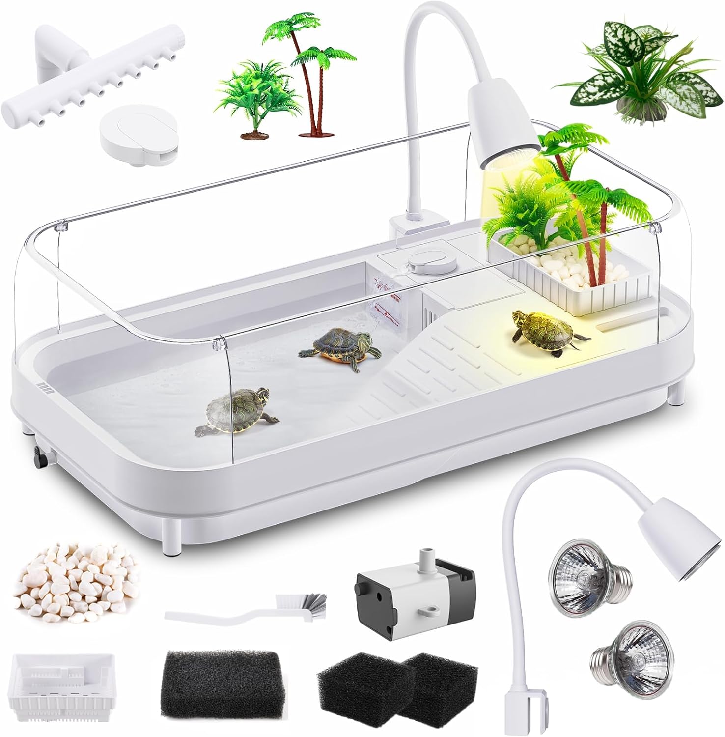 Large Turtle Tank Kit with Lamp and Filter, Acrylic Turtle Tank Starter Kit, Tank Aquarium with Heightened and Curved Fences, Bottom Drainage, Multi-Function Areas - Pawvie