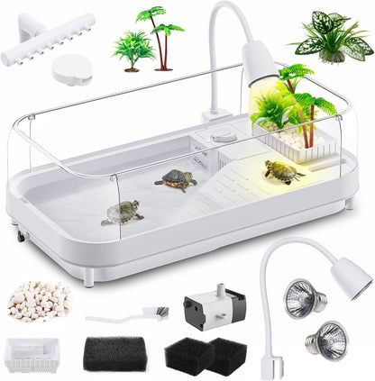Large Turtle Tank Kit with Lamp and Filter, Acrylic Turtle Tank Starter Kit, Tank Aquarium with Heightened and Curved Fences, Bottom Drainage, Multi-Function Areas - Pawvie