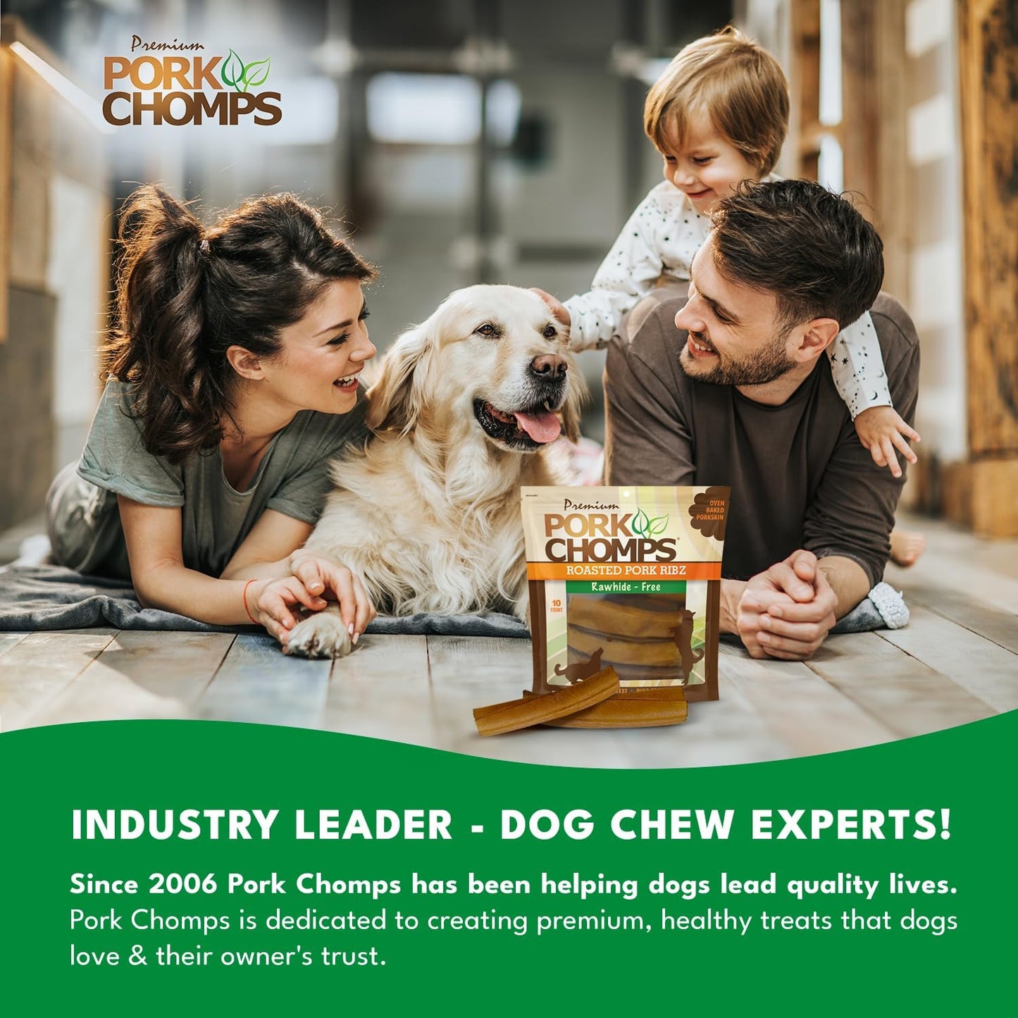 Pork Chomps Roasted Pork Skin Dog Chews, 6-inch Rib Shapes, 10 Count (Pack of 2)