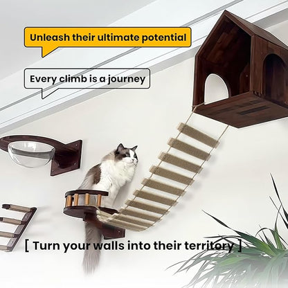 40in Cat Ladder & Bridge, Outdoor Cat Tree with Jute Rope, Multi-Level Climbing Frame & Scratcher for Indoor/Outdoor Cats (Wood Tone, 40in)