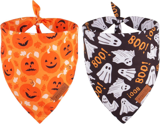 PTDECOR Halloween Dog Bandana, Reversible Holiday Pet Scarf, Multi Size, Triangle Puppy Halloween Bandanas for Small Dogs Puppies Cats (Black & Orange, Small)
