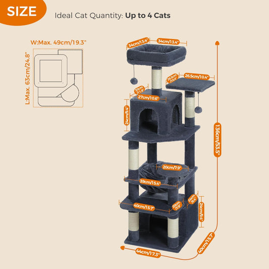 PAWZ Road Cat Tree, 53.5 Inches Tall Cat Tower with Spacious Hammocks, Condos and Scratching Posts, Cat House with Dual Padded Perches for Indoor Large Cats-Dark Gray