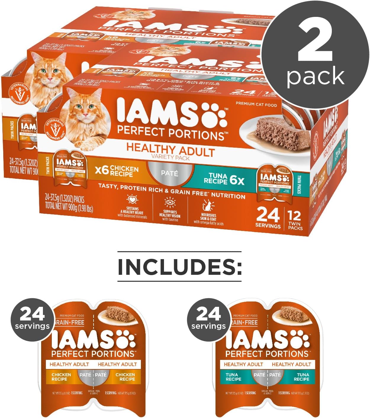 IAMS Perfect Portions Healthy Adult Wet Cat Food Pate, Chicken and Tuna Recipe Variety Pack, Easy Peel Twin-Pack Trays (12 Count, 24 Servings) (Pack of 2)
