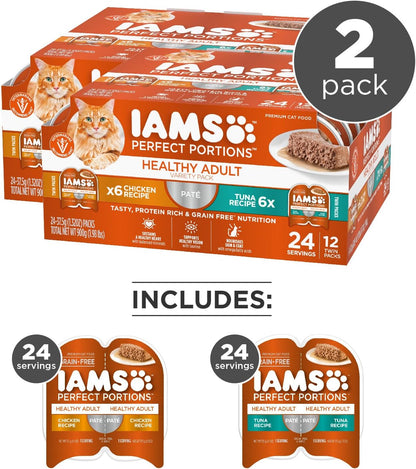 IAMS Perfect Portions Healthy Adult Wet Cat Food Pate, Chicken and Tuna Recipe Variety Pack, Easy Peel Twin-Pack Trays (12 Count, 24 Servings) (Pack of 2)