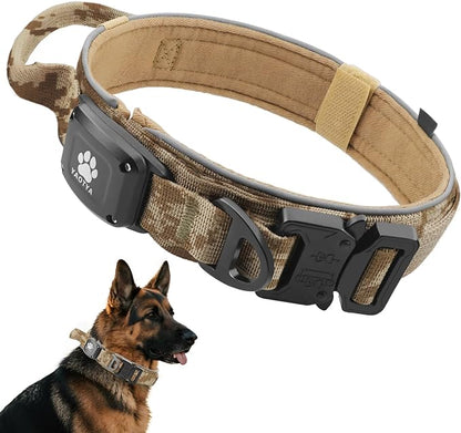2026 Upgrade Dog Collar with IPX8 Waterproof AirTag Holder,Military Tactical Handle and Ultra-Durable Metal Buckle/Night Reflective,GPS Collar for Medium to Large Dogs (Camouflage Khaki/XL)