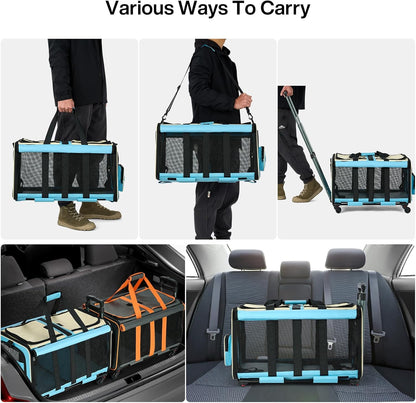 MILADA Large Cat Carrier for 2 Cats, Soft Big Pet Carrier with Wheels, Double Cat Carrier on Wheels, Rolling Pet Carrier for Travel Hiking Shopping and Camping（Not for Air Travel）, Blue