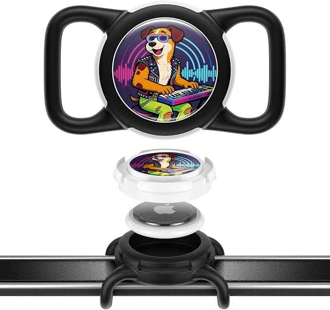 Dog AirTag Holder for Dog Collar, Soft Silicone Slide-On Case for Apple AirTag, No-Dangle Quiet Protective Holder with Eye-Catching Pet Character Designs, Party DJ