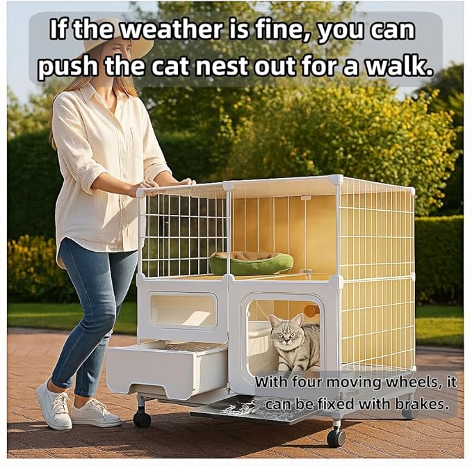 cat cage Indoor with Litter Box, Complimentary Bed, Bowl,Cleaning Three piece Set,cat Enclosure, Kennel,Pet Cage, Cat House with Wheels(28″(L) x18.1″(W) x32.3″(H)
