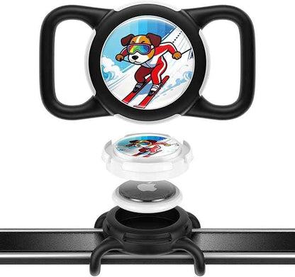 Dog AirTag Holder for Dog Collar, Soft Silicone Slide-On Case for Apple AirTag, No-Dangle Quiet Protective Holder with Eye-Catching Pet Character Designs, Black-Ski Racer