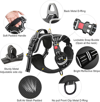 Timos No Pull Dog Harness, Release at Neck Reflective 3 Snap Buckles Adjustable No Choke Pet Vest with Front & Back 2 Leash Clips, Soft Padded Control Training Handle for Small Medium Large Dogs