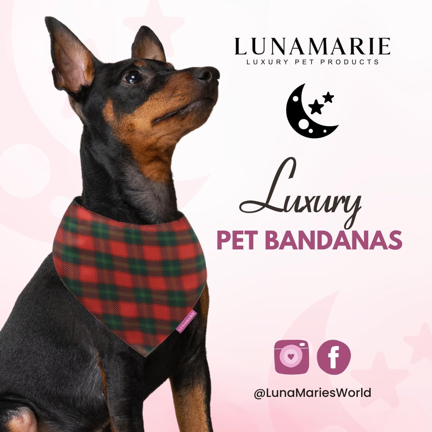 LunaMarie - Luxury Pet Birthday Bandanas -Premium & Silky Poly Fabric | 100% Handmade | Custom Shape Dual Layered (Jingle Plaid, Medium)