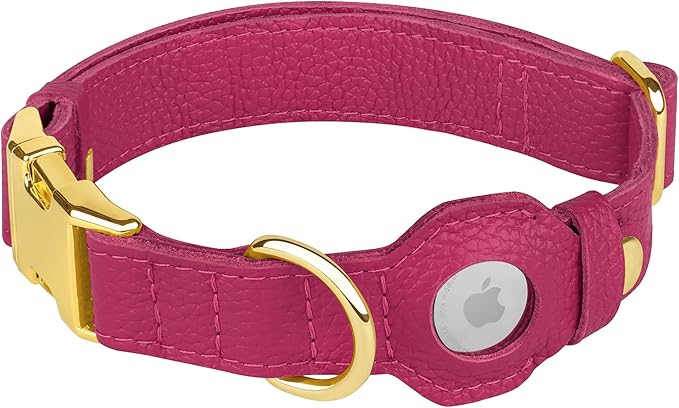 Leather Airtag Dog Collar - Soft Tracking Dog Collar with Apple AirTag Holder and Metal Buckle - Safety GPS Pet Collars for Small Medium Large Dogs Puppy Pink Red (Pink, XL, 20"-25" Neck Fit)