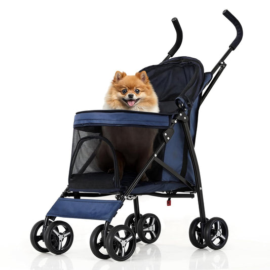 MoNiBloom 4 Wheels Pet Stroller, Easy-Fold Puppy Cage Jogger Stroller with Sun Cover, Pad and Rear Storage Bag, Breathable and Visible Mesh for Small/Medium Pets up to 22 lbs, Navy Blue - Pawvie