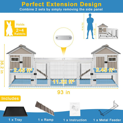 48" L Rabbit Hutch Outdoor Indoor Bunny Hutch Weatherproof, 2-Story Wood Rabbit Cage with Deep Tray, Chew-Resistant Ramp, UV Roof, Bunny House for Small Animal, Expandable Guinea Pig Cage