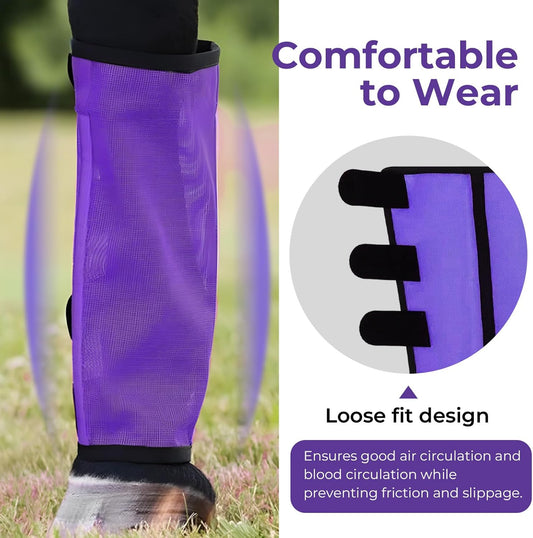 Mesh Horse Fly Boots Set of 4,Adjustable and Universal Loose Fitting & Non-Slip Horse Fly Leggings for Horses,Reduce Stressful Stomping (Purple)