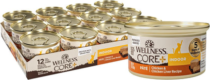 Wellness CORE+ Indoor Pate Adult Wet Cat Food, Natural, Protein-Rich, Grain Free, 3 Ounce, 12 Pack (Chicken & Chicken Liver)